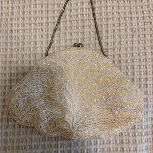 Vintage Cream and White Beaded Evening Clutch with Chain